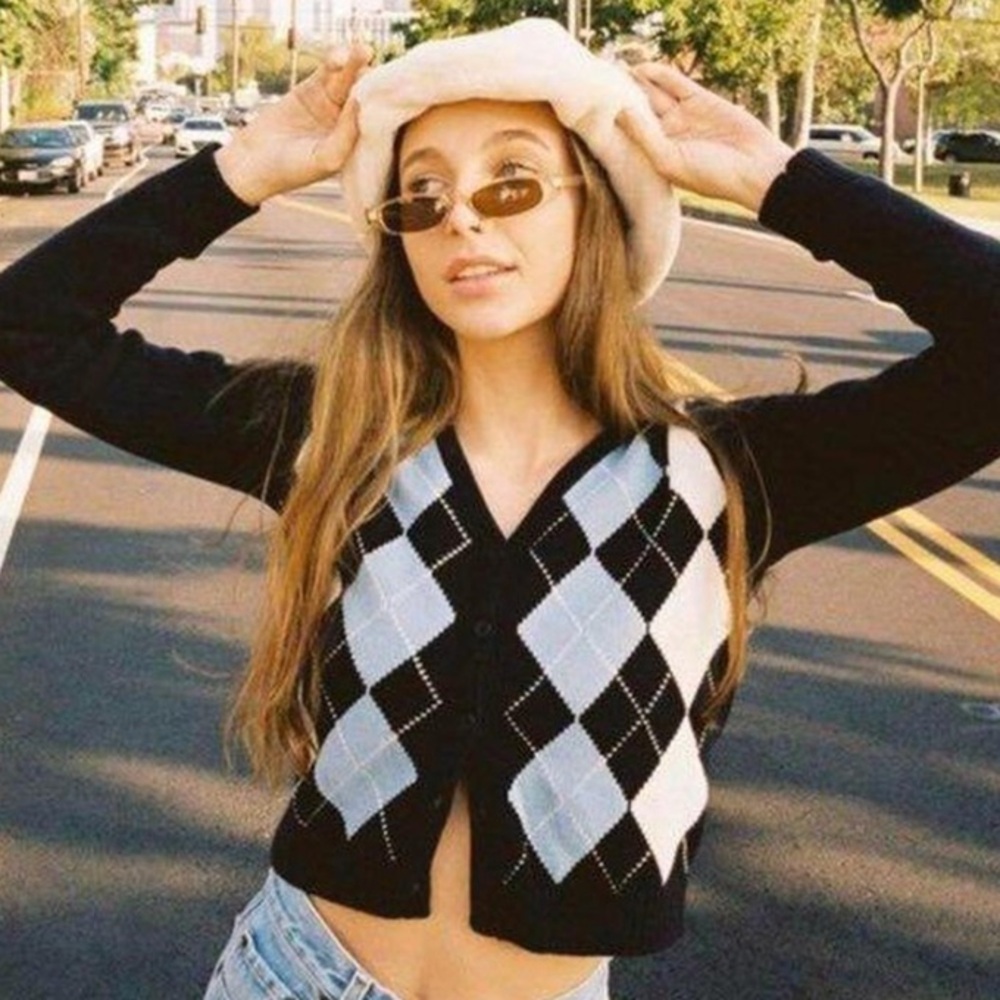 Brandy Melville Elizabeth Argyle Cardigan In Navy Blue & White